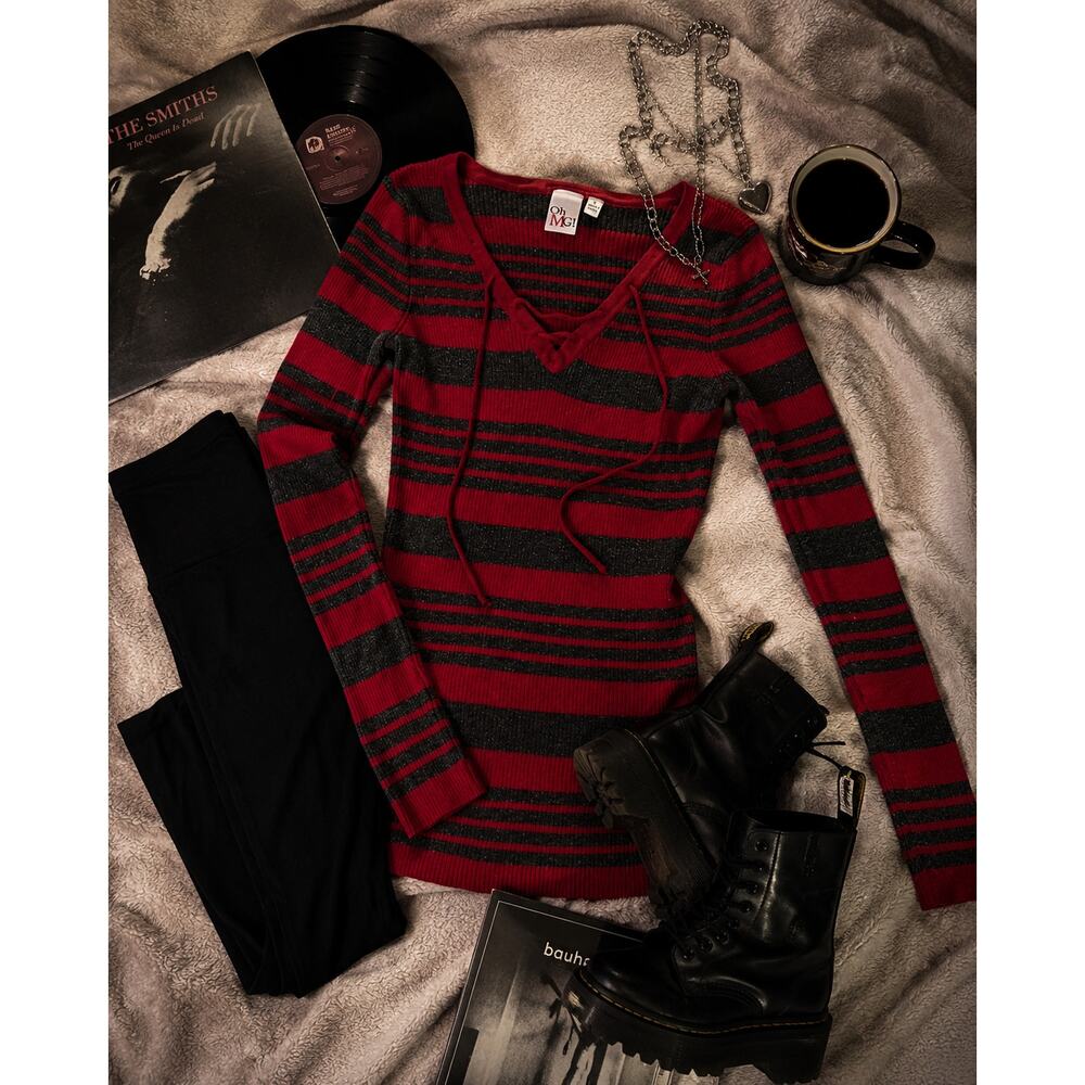 Y2K Red & Black Lace Up Stripe Sweater Emo Mall Goth Punk Knit Top